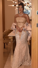 Strapless Embellished Gown with 3D Flower Wrap