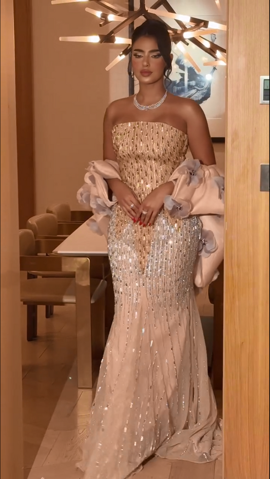 Strapless Embellished Gown with 3D Flower Wrap