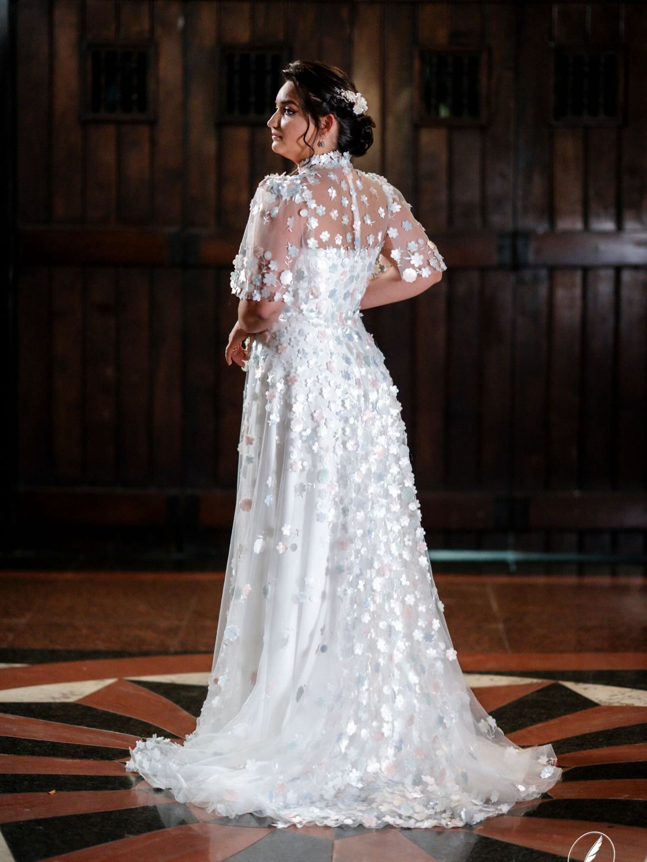 Illusion High Neck Flutter Sleeve A-Line Bridal Gown
