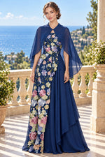 Floral Embroidered Capelet A-Line Evening Gown