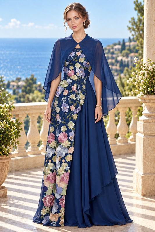 Floral Embroidered Capelet A-Line Evening Gown