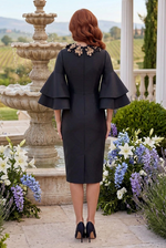 Floral Collar Tiered Bell Sleeve Sheath Midi Dress