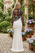 Lace Mock Neck Long Sleeve Draped Evening Gown