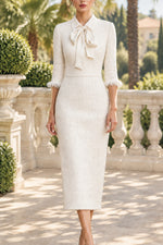 Bow Collar Midi Sheath Dress with Feather Trim Cuffs