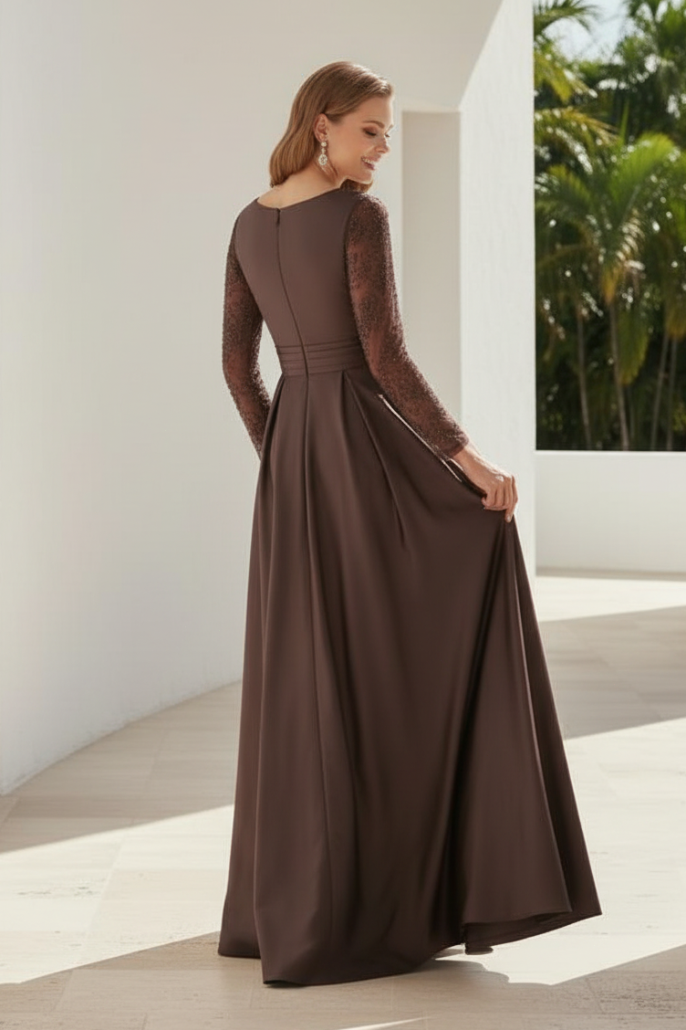 Beaded Long Sleeve Satin A-Line Evening Gown