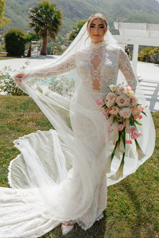 Long Sleeve Illusion Lace Wedding Dress with Train
