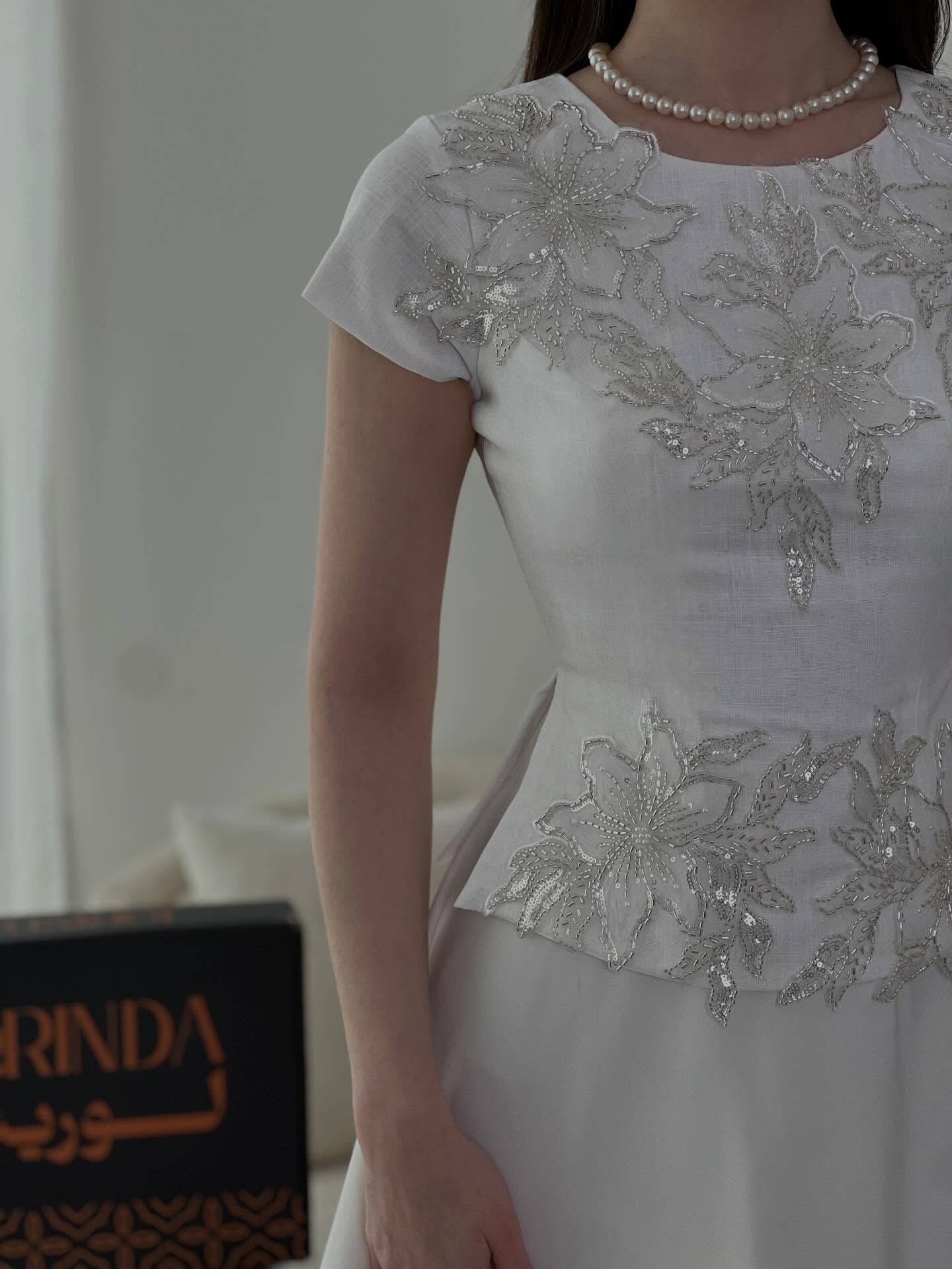 Embroidered Peplum Tea-Length Two-Piece Dress