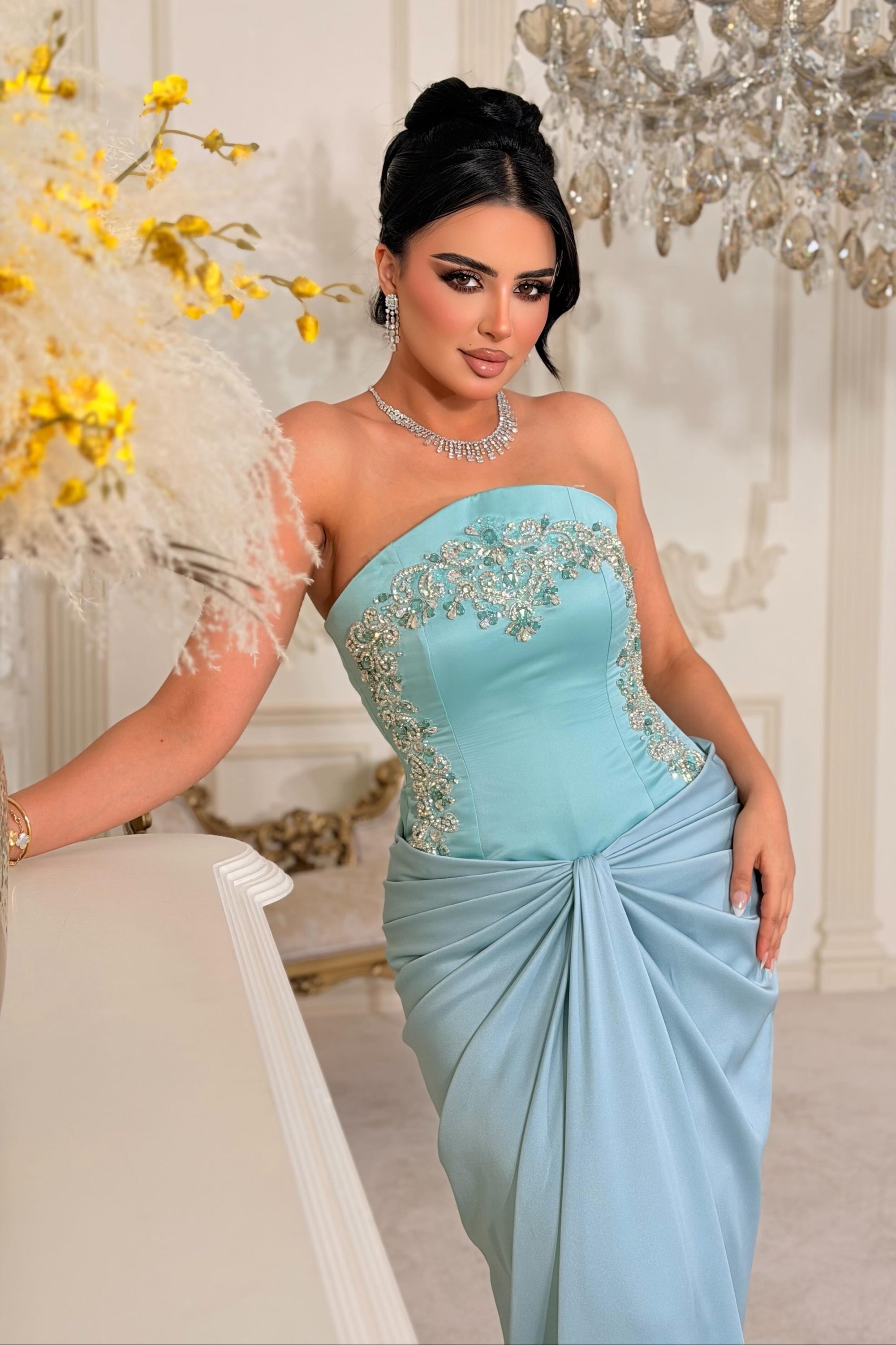 Strapless Beaded Corset Evening Dress with Draping