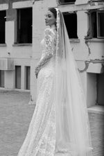 High-Neck Lace Wedding Dress with Long Sleeves