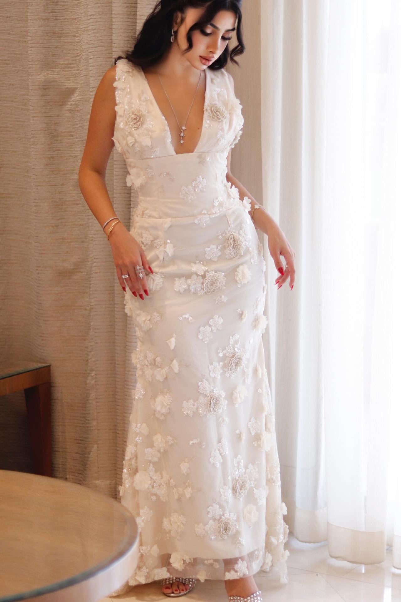 3D Floral Applique Lace-Up Formal Gown