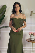 Off-the-Shoulder Beaded Evening Gown with Peplum