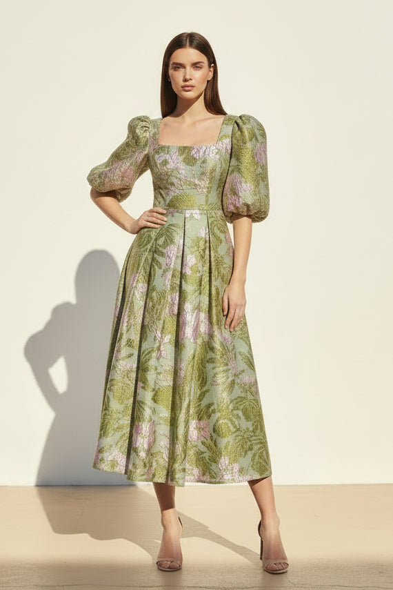 Square Neck Floral Jacquard Puff Sleeve Midi Dress