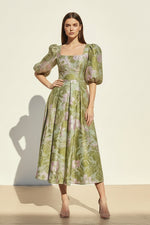 Square Neck Floral Jacquard Puff Sleeve Midi Dress