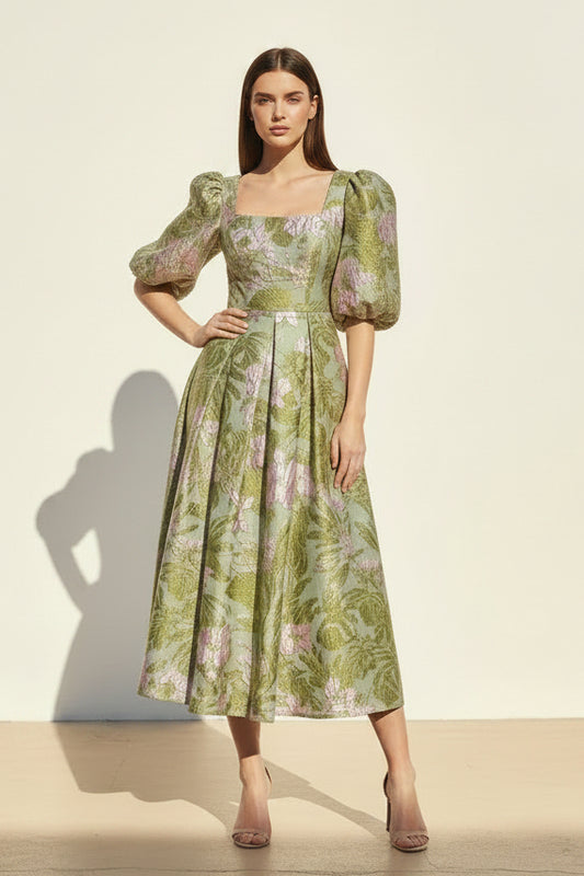 Square Neck Floral Jacquard Puff Sleeve Midi Dress