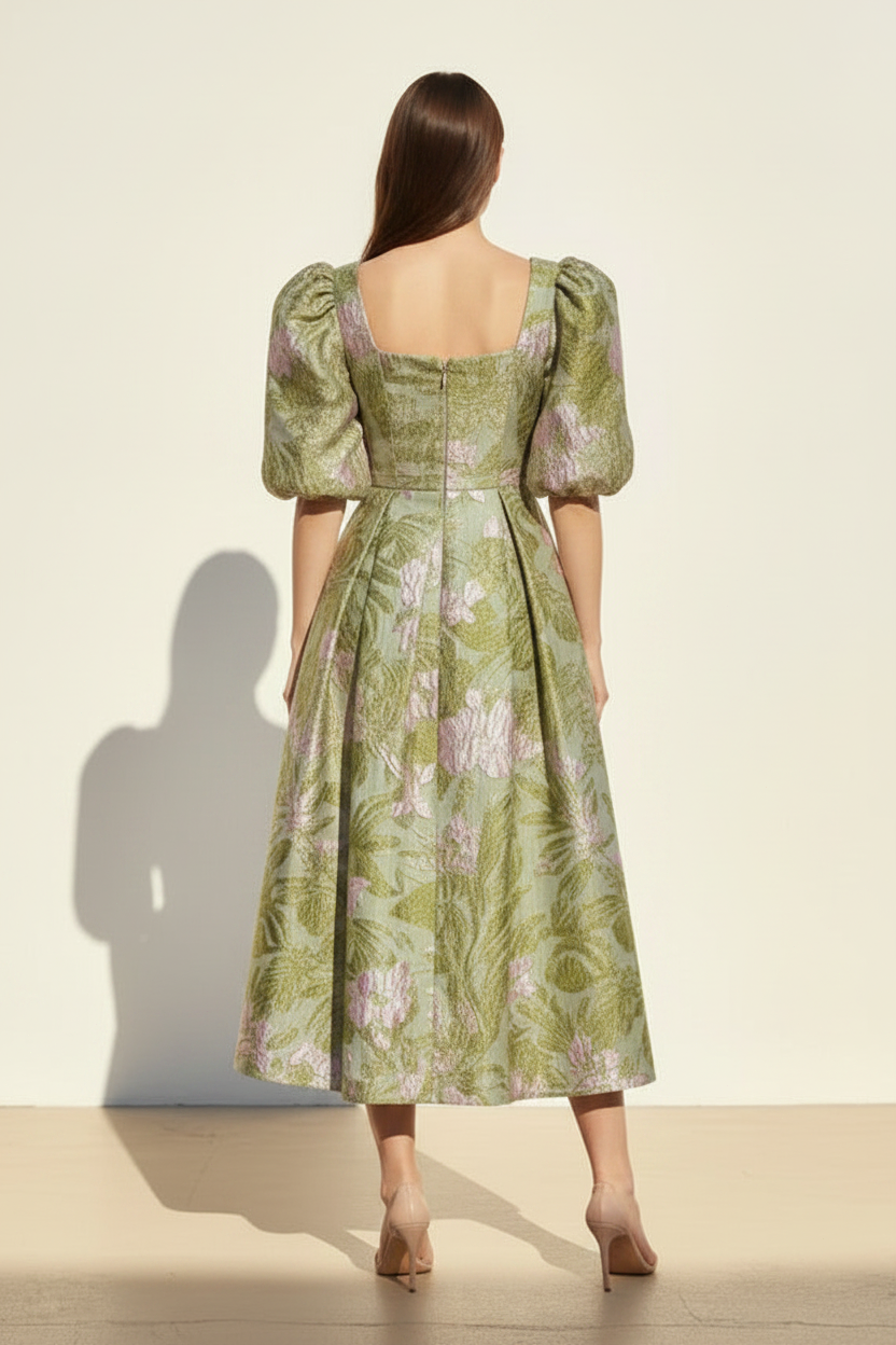 Square Neck Floral Jacquard Puff Sleeve Midi Dress
