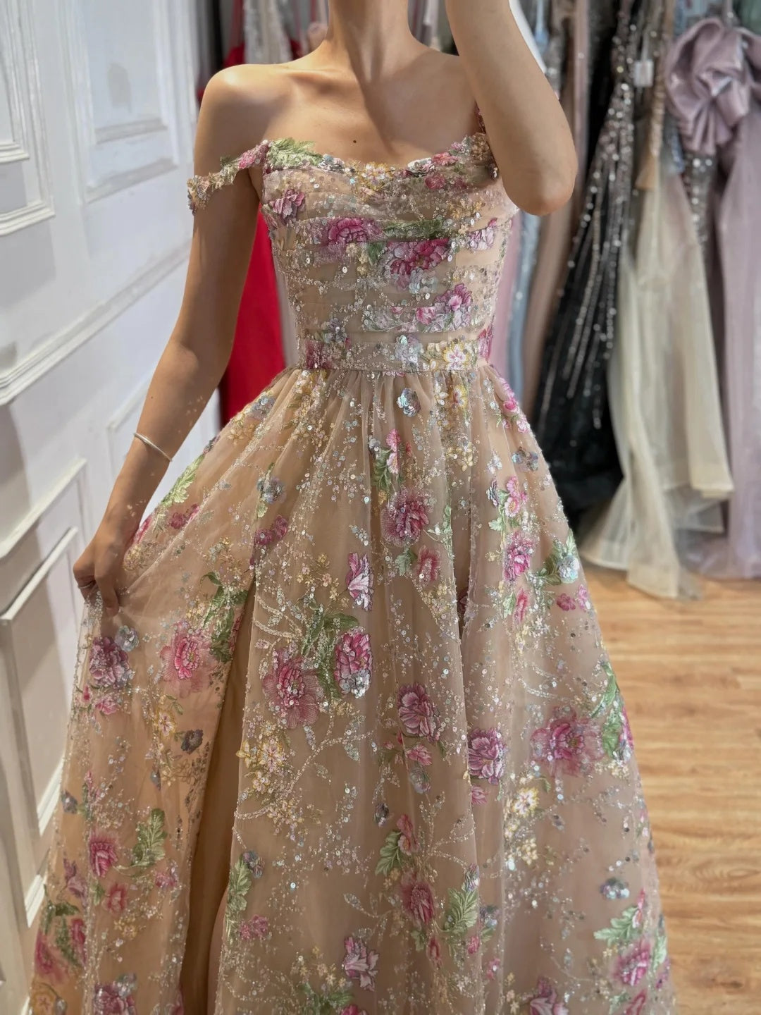 Romantic Floral Off-the-Shoulder Tulle Gown