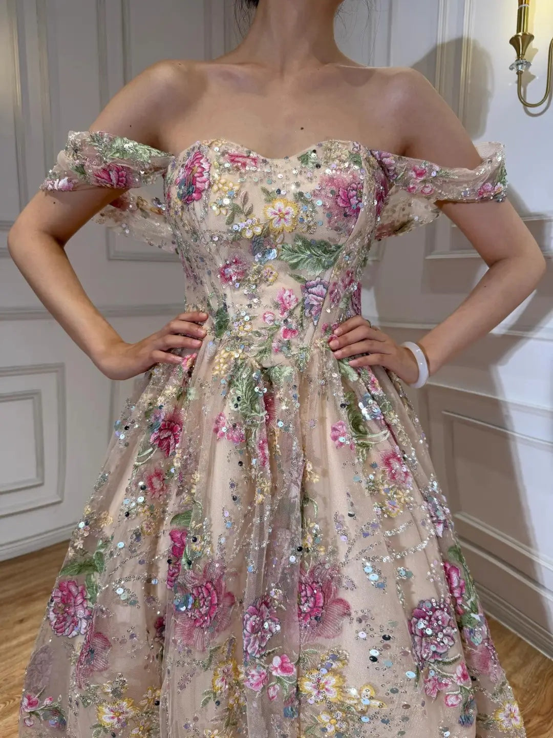 Off-the-Shoulder Floral Embroidered A-Line Gown