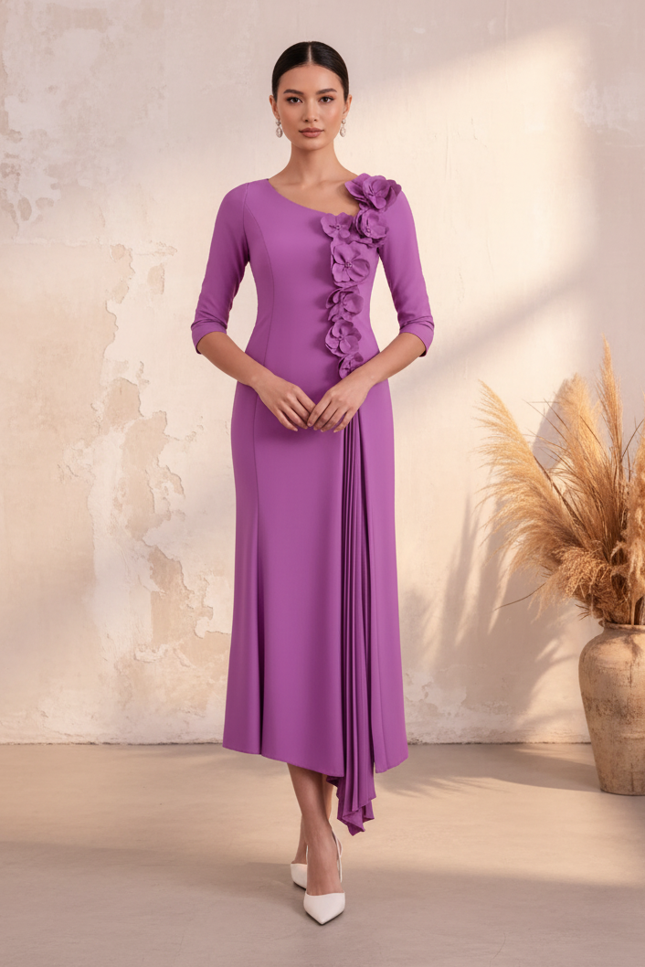 Elegant 3/4 Sleeve Midi Dress with 3D Flowers