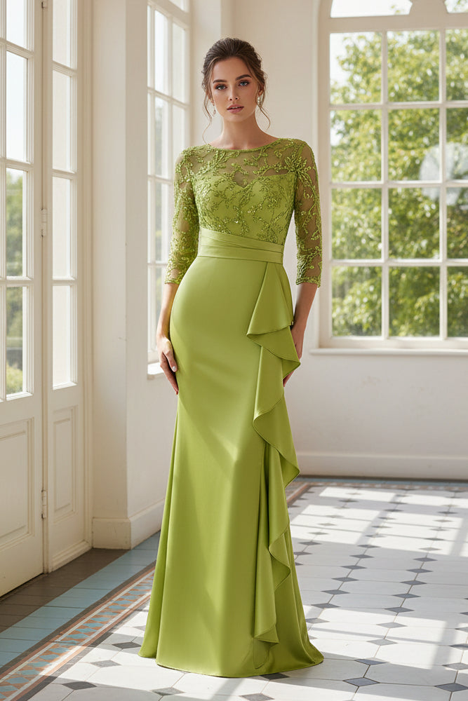 Illusion Lace and Satin Gown with Cascading Ruffle