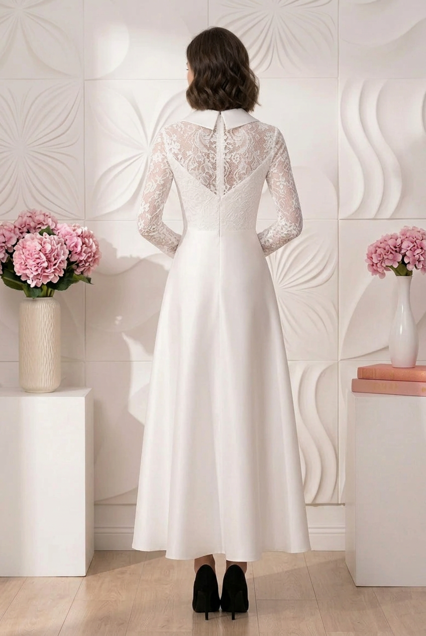 Collared Lace Bodice Ankle-Length A-Line Dress