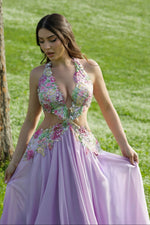 Floral Applique Halter Gown with Cut-Out Waist