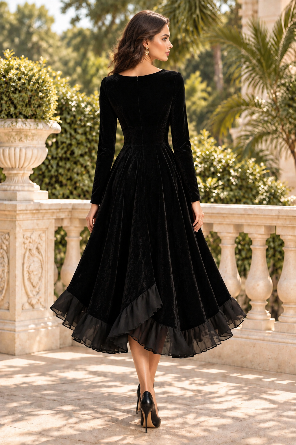 Velvet Long Sleeve Midi Dress with Ruffle Hem