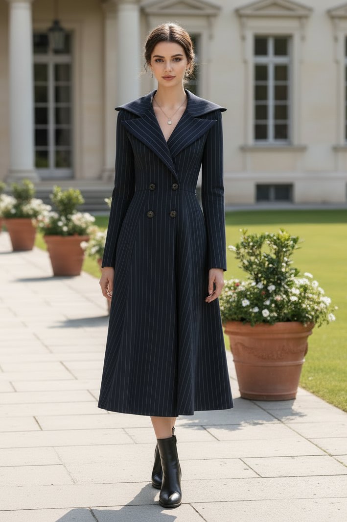 Double-Breasted Pinstripe Midi Dress with Wide Collar