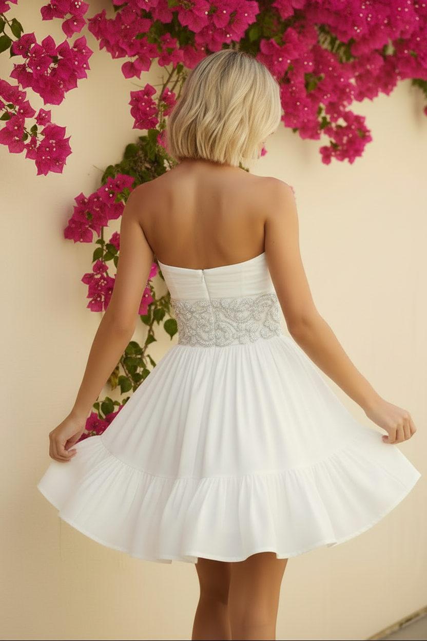 Strapless Cut-Out Mini Dress with Beaded Waistband