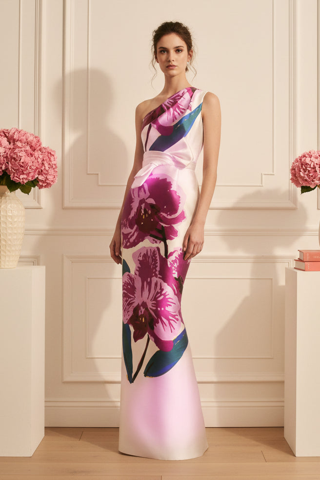 Floral One-Shoulder Column Gown with Bow