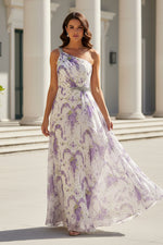 One-Shoulder Floral Print Chiffon A-Line Evening Gown