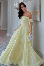 Off-The-Shoulder Pleated Chiffon A-Line Gown