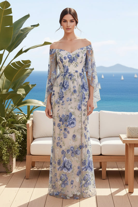Off-The-Shoulder Floral Embroidered Cape Gown