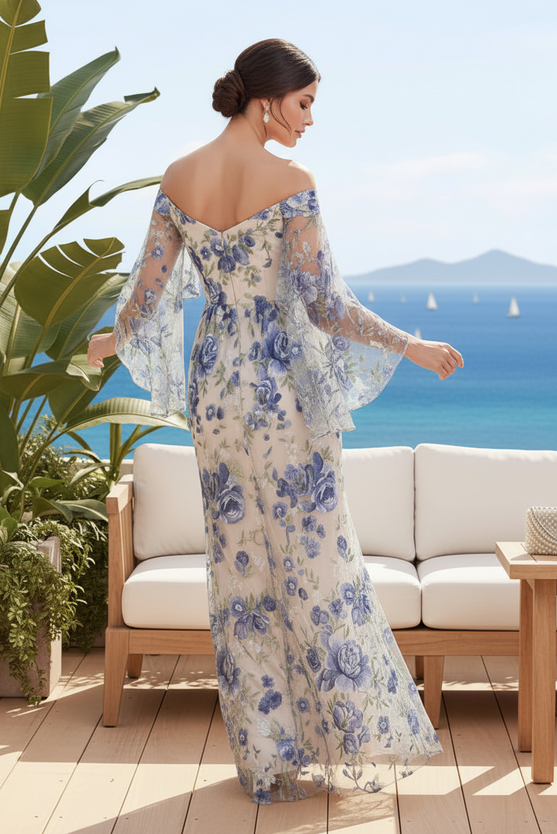 Off-The-Shoulder Floral Embroidered Cape Gown