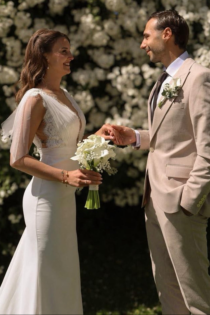 Lace V-Neck Bridal Gown with Tulle Shoulder Ties