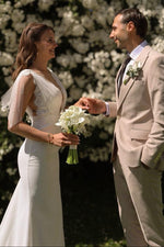 Lace V-Neck Bridal Gown with Tulle Shoulder Ties