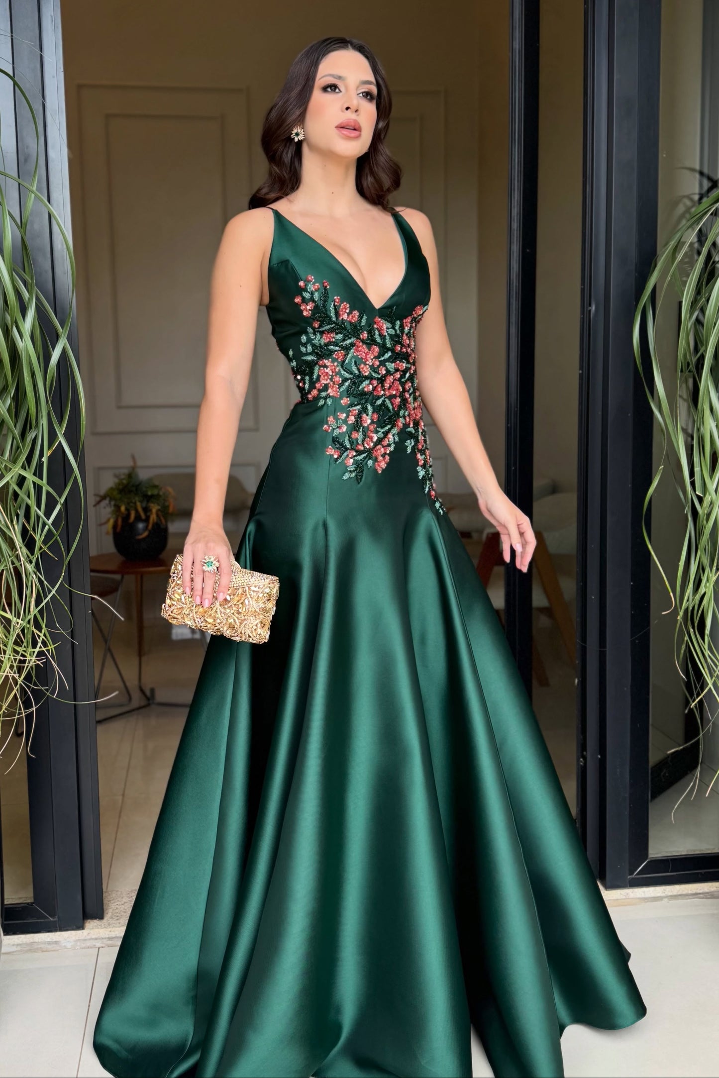 Floral Embroidered Satin A-Line Gown