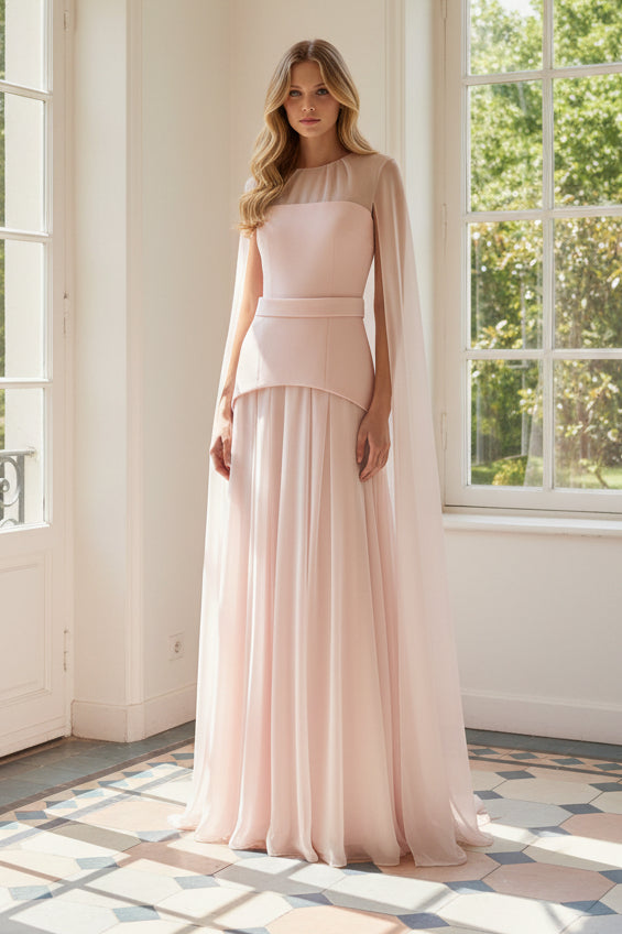 Cape Sleeve Pleated Chiffon Evening Gown