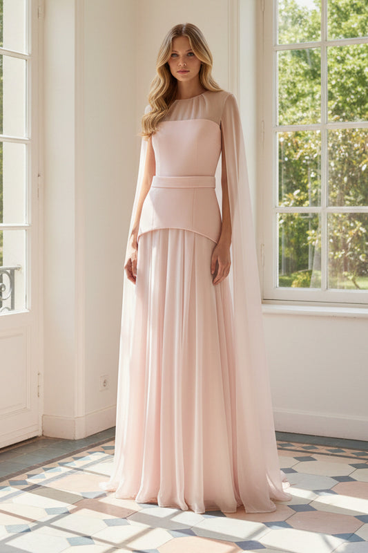 Cape Sleeve Pleated Chiffon Evening Gown