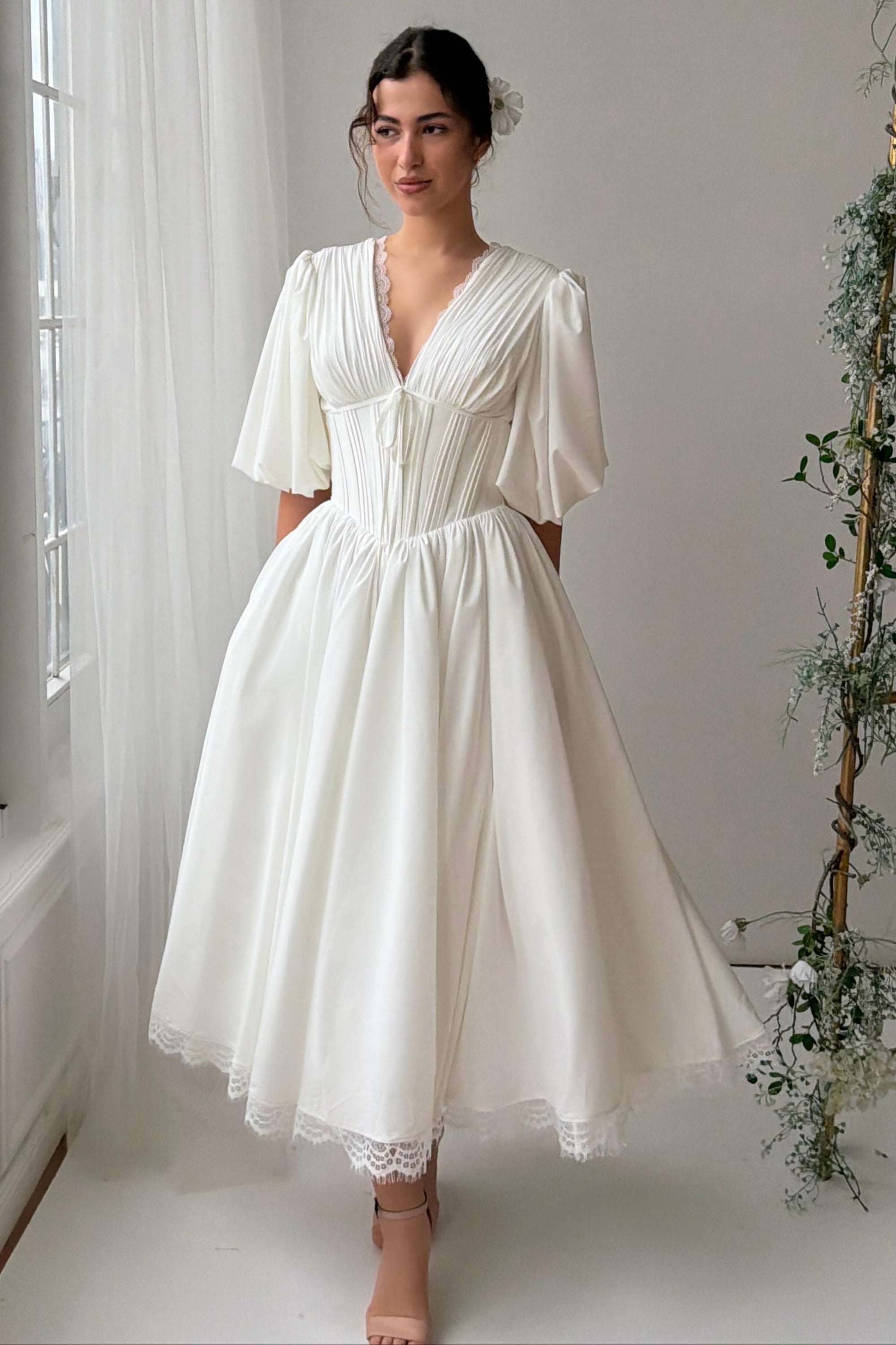 Pleated V-Neck Midi Dress