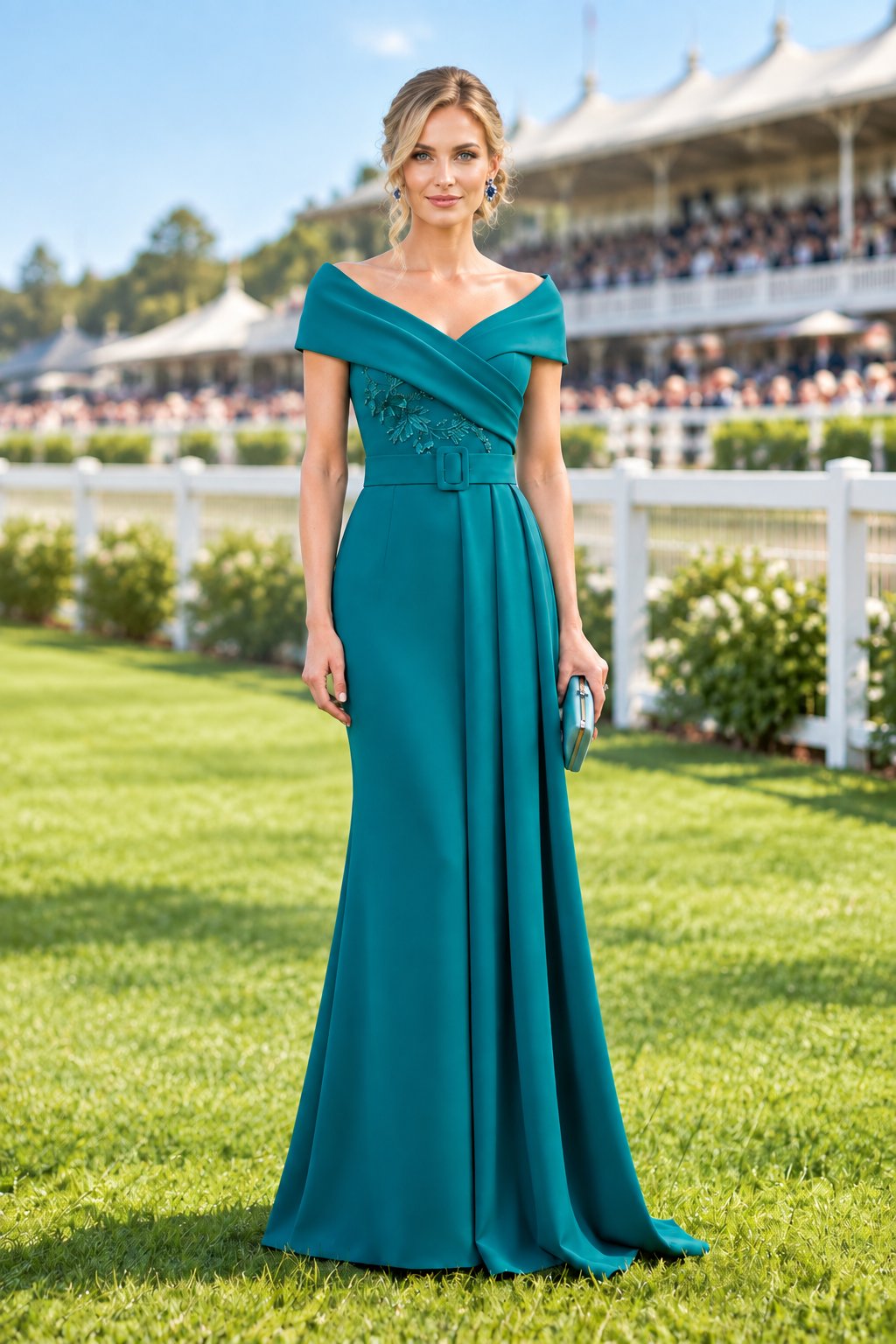 Off-the-Shoulder Belted Floor-Length Evening Gown
