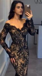 Off-the-Shoulder Lace Long Sleeve Evening Gown