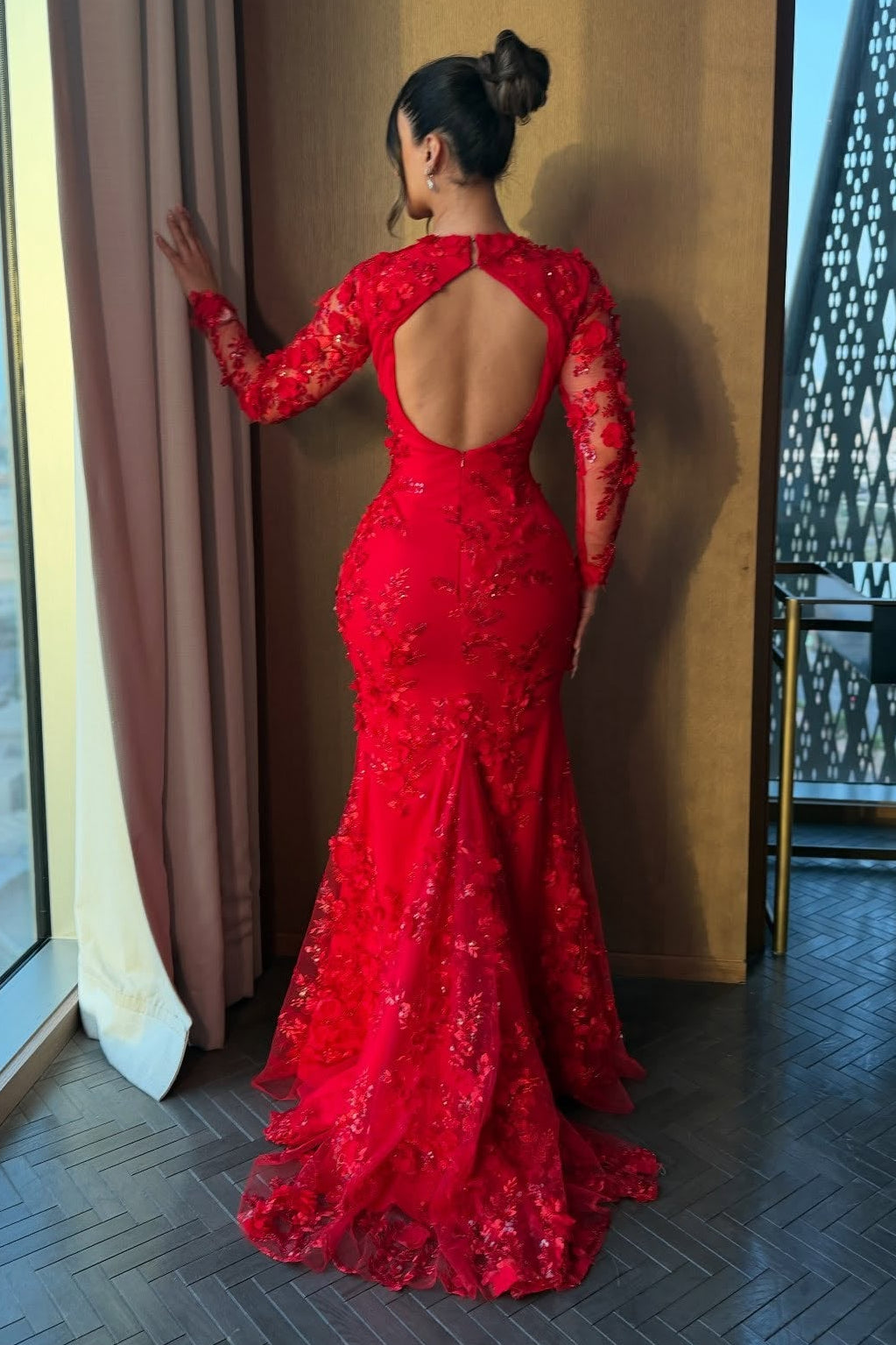 Floral Lace Applique Long Sleeve Mermaid Evening Gown