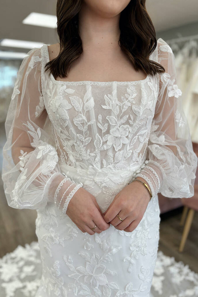 Lace Mermaid Wedding Dress with Sheer Bishop Sleeves