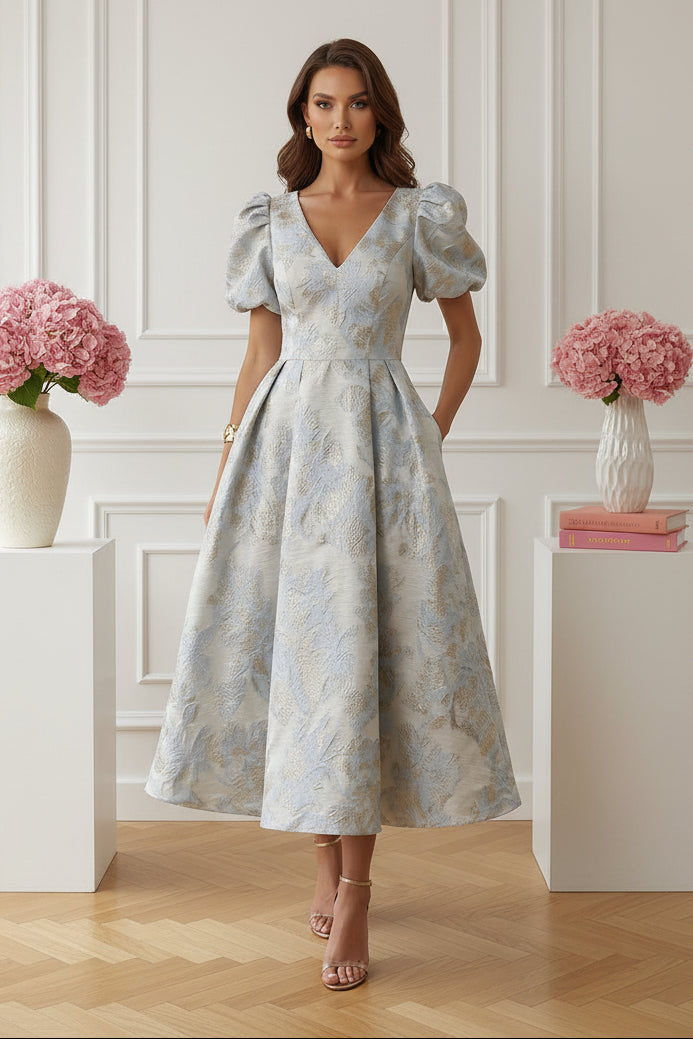 Elegant Floral Jacquard Puff Sleeve Midi Dress