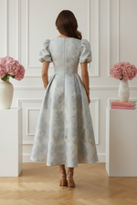 Elegant Floral Jacquard Puff Sleeve Midi Dress