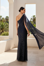 One-Shoulder Beaded Cape Evening Gown
