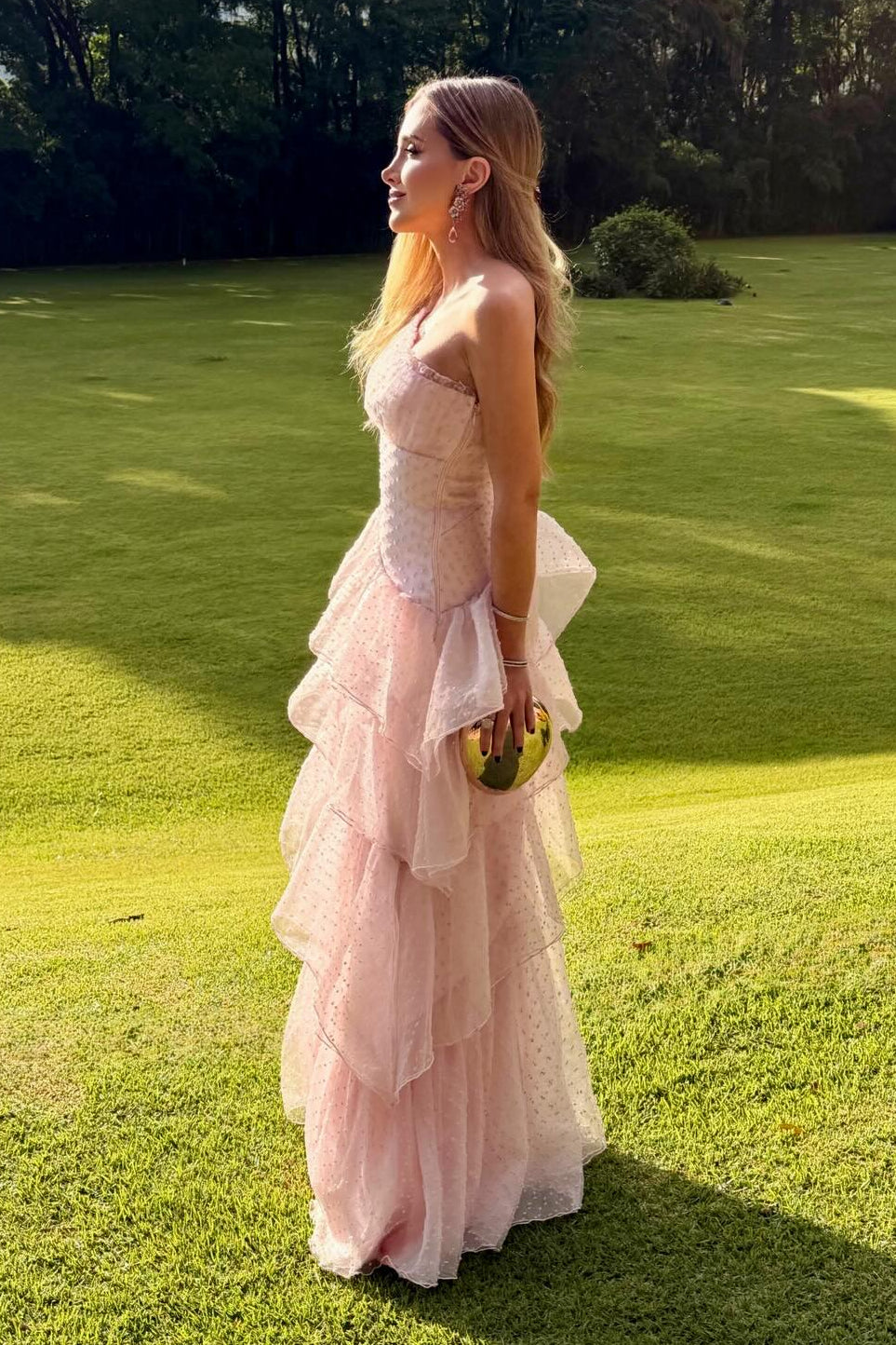 One-Shoulder Tiered Ruffle Tulle Evening Gown