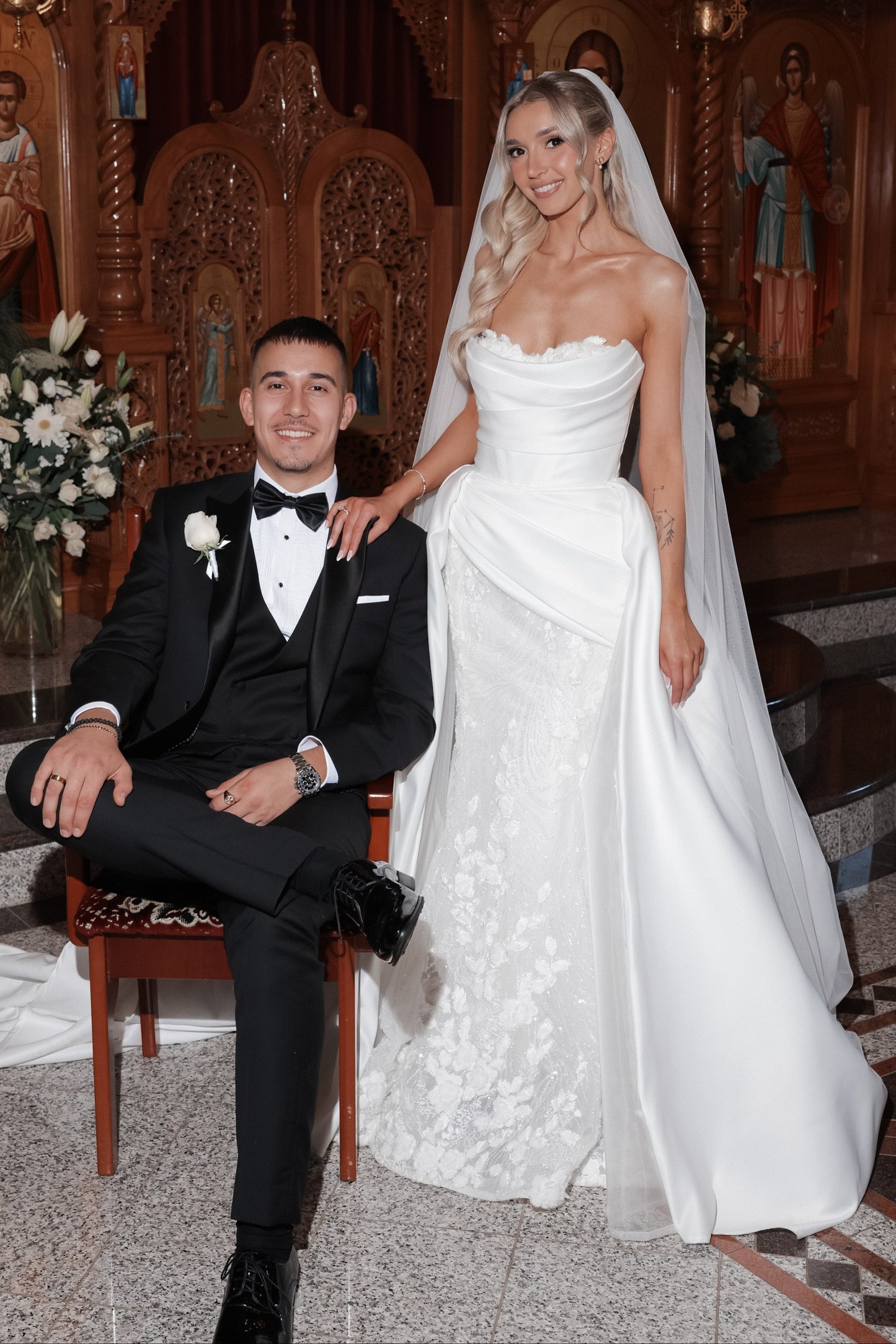 Strapless Ruched Wedding Dress with Overskirt