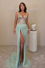 Embroidered Corset Gown with Draped Slit Skirt