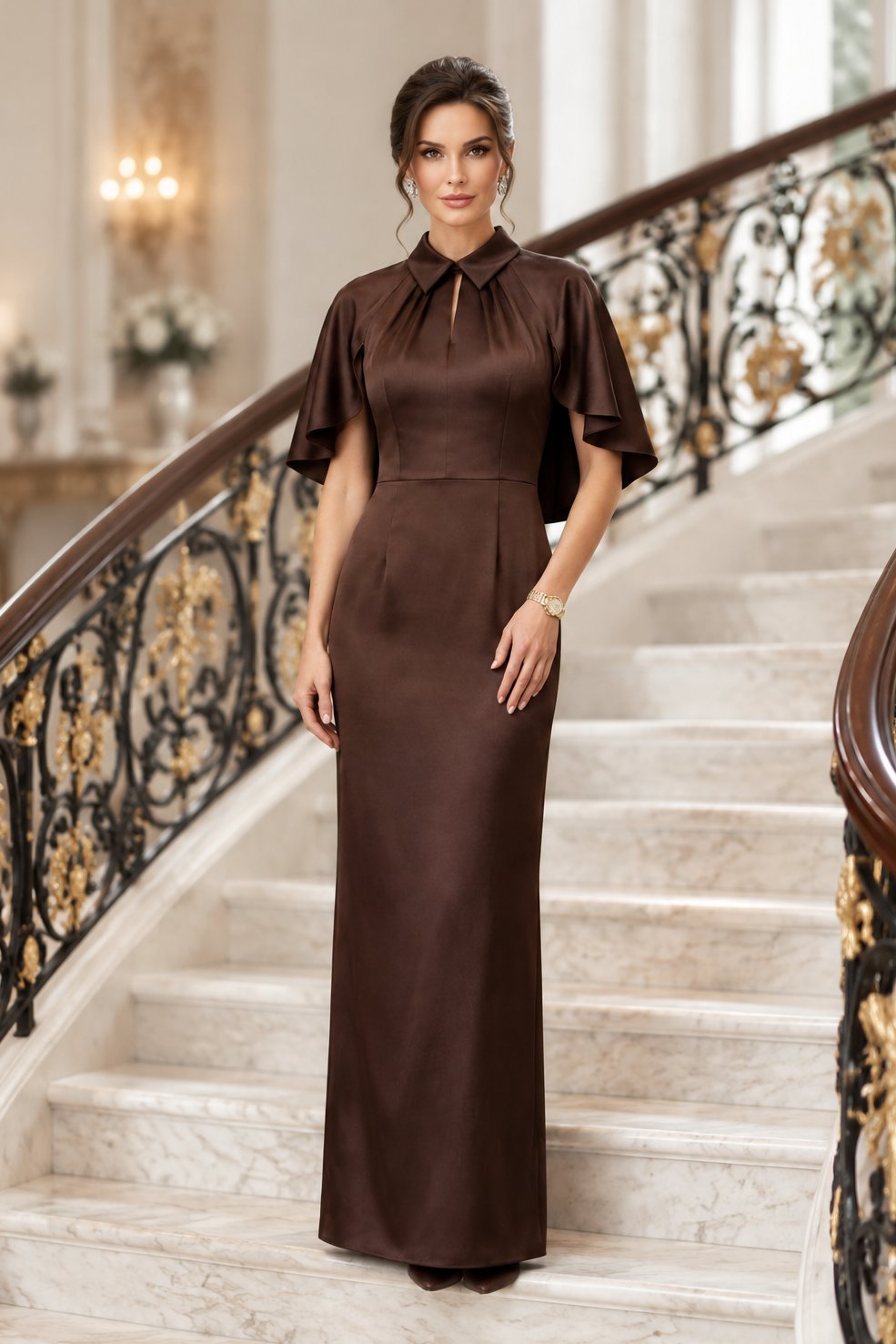 Collared Capelet Column Evening Gown with Keyhole